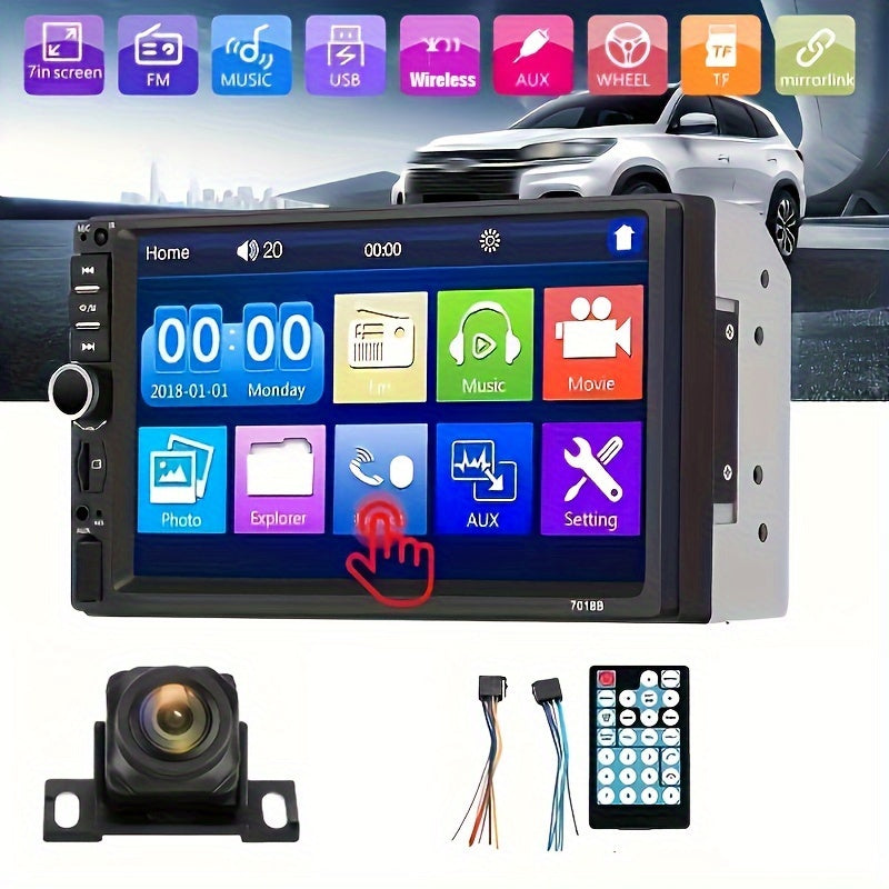 QueenDer 17.78cm Double Din Car Stereo with Backup Camera - Wireless, USB, AUX-in, TF Card Slot, Mirror Link for Android Phones