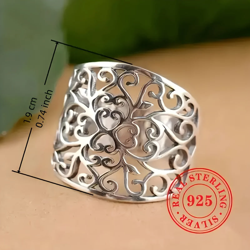 925 Silver Hollow Vine Wide Band Ring with Wide Hollow Leaf Pattern - Perfect Bohemian Gift (Comes with Gift Box)