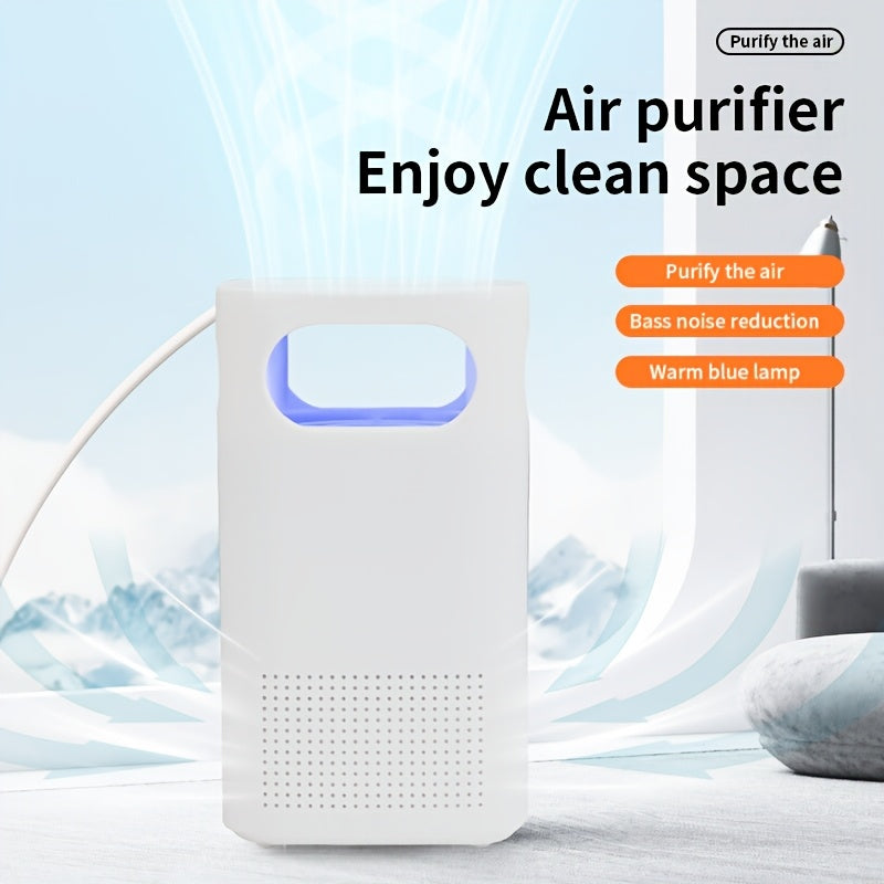 USB-powered air purifier with strong duct system, high-speed motors, quiet operation, and blue LED lights; ideal for bedroom, kitchen, and living room use.