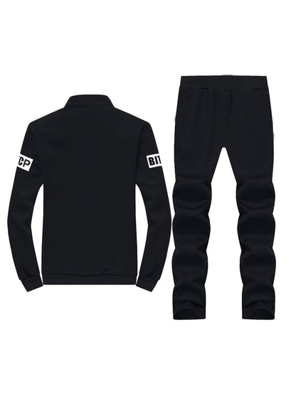 Men's Casual Fleece Zip-Up Jacket and Pants Set with "SPORT" Lettering in Black Polyester for Spring/Fall. Features Pockets, Comfortable and Durable.