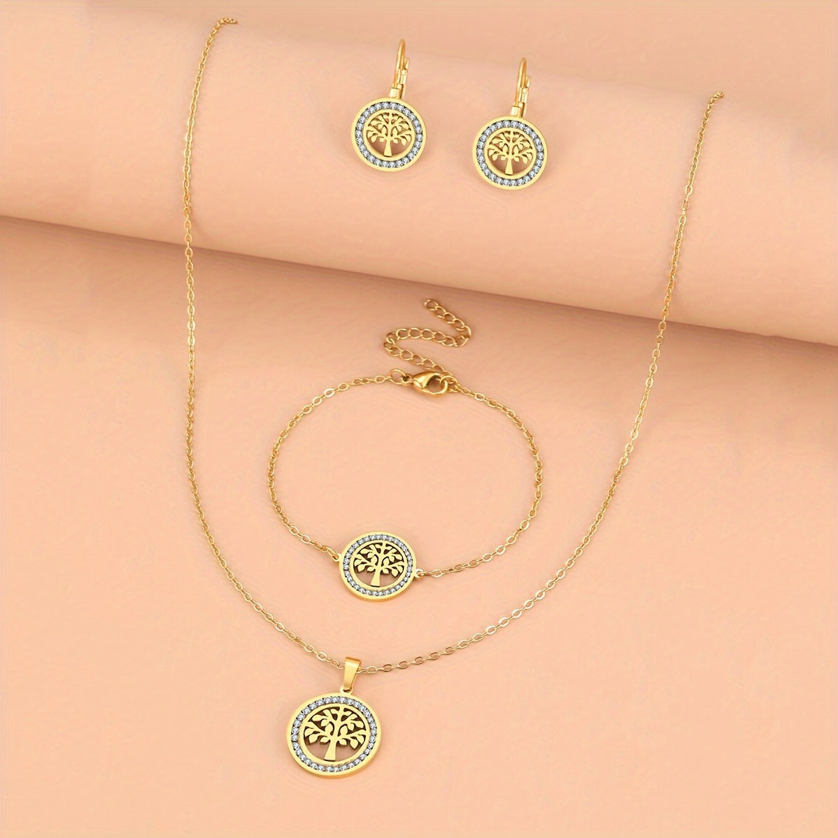 3-Piece Tree of Life Jewelry Set in Bohemian Style - 14K Gold Plated Copper with Synthetic Zirconia - Perfect for Parties and Weddings, Includes Necklace, Bracelet, and Earrings.