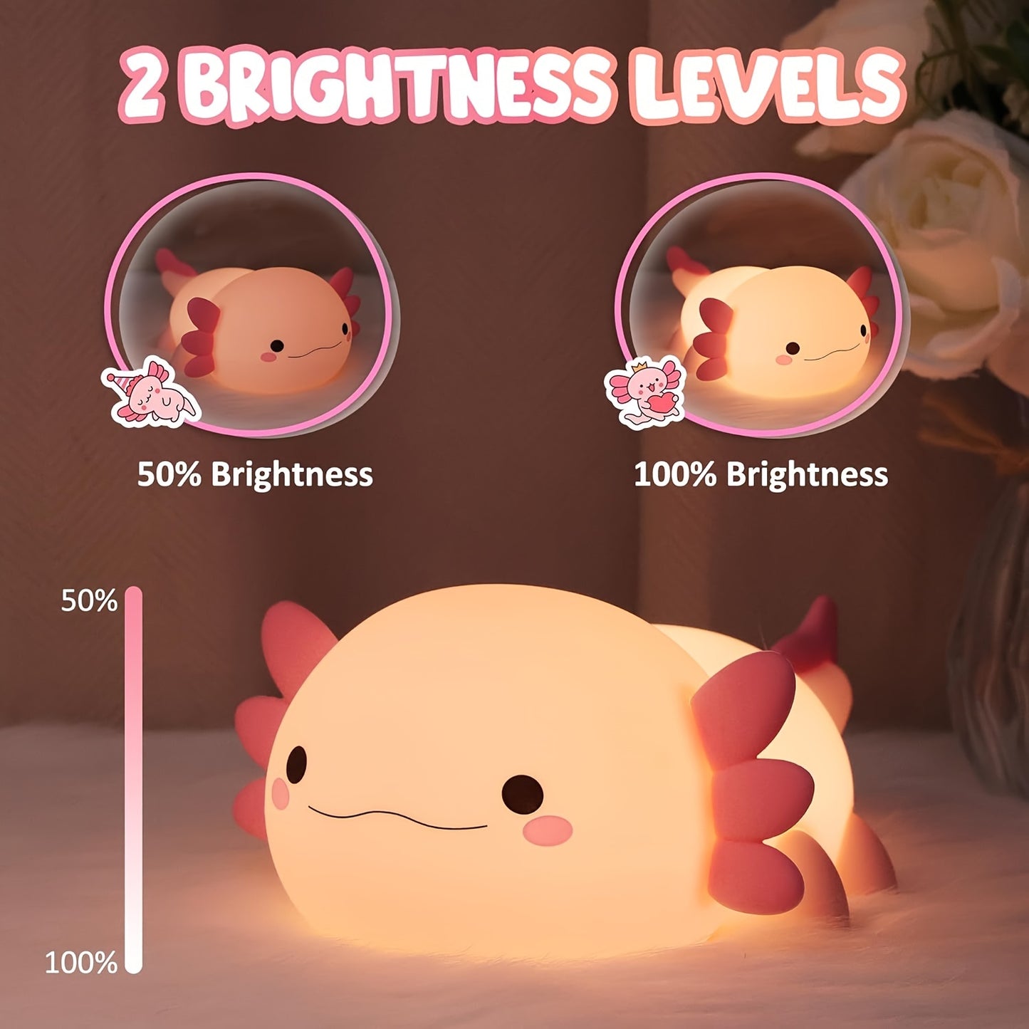 Cute Axolotl night light with touch control, dimming, and timer. USB rechargeable silicone lamp for kids' bedrooms.