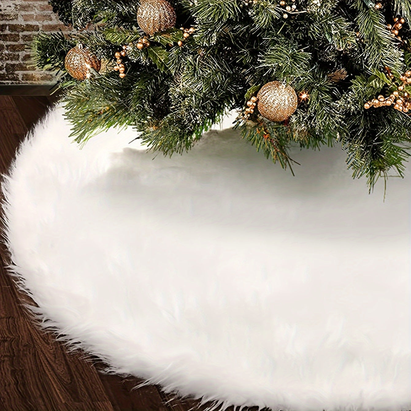 White plush Christmas tree skirt measuring 77.98cm, perfect for festive tree decor with ornaments.