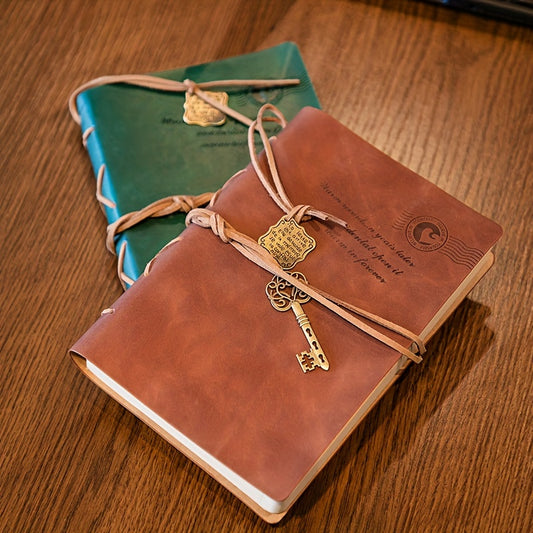 One vintage notebook with random color, straps, pendants, and detachable pages. Made of PU leather. Ideal as a gift for journaling or planning.