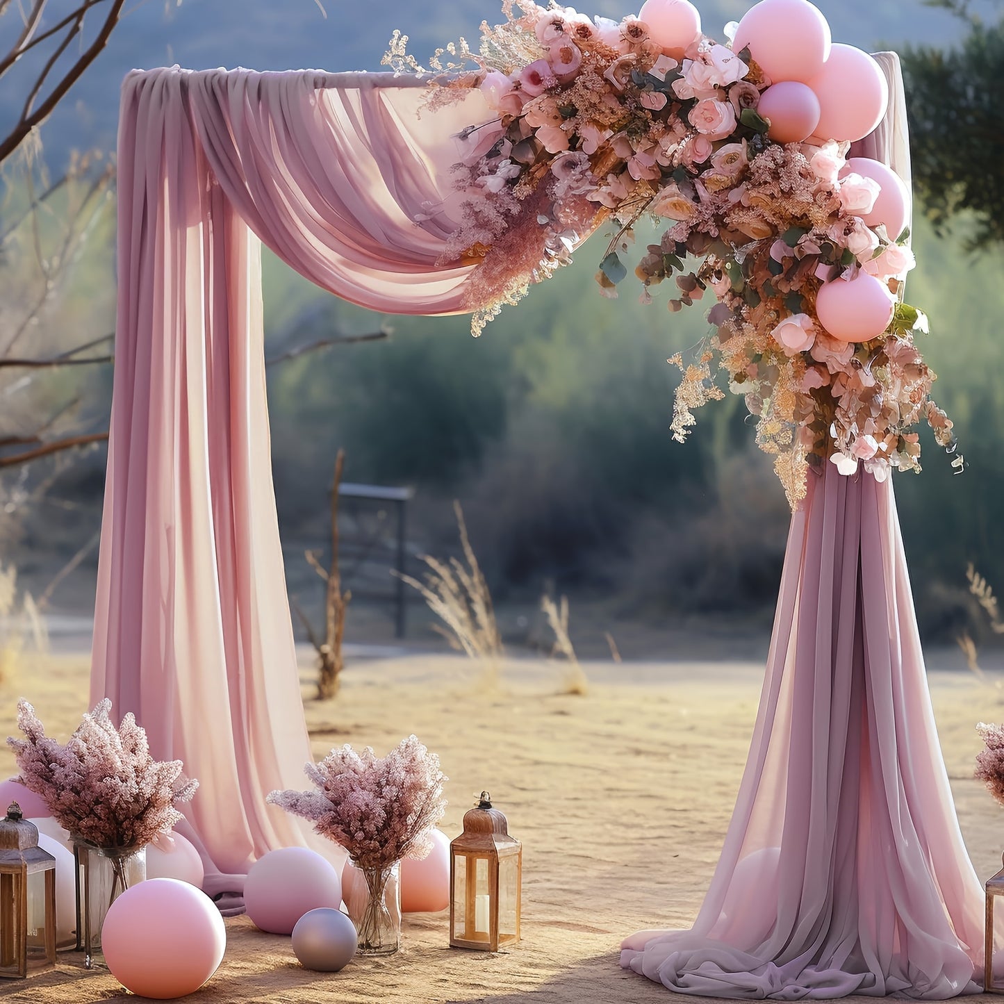 Polyester sheer fabric draping panel for wedding arch, backdrop curtain voile drapery for woodland ceremony, party decor, outdoor reception table runner.