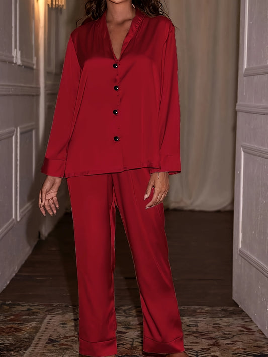 Solid color long pajama sets for women in plus size, made of polyester with a slight stretch and button closure, suitable for all seasons.