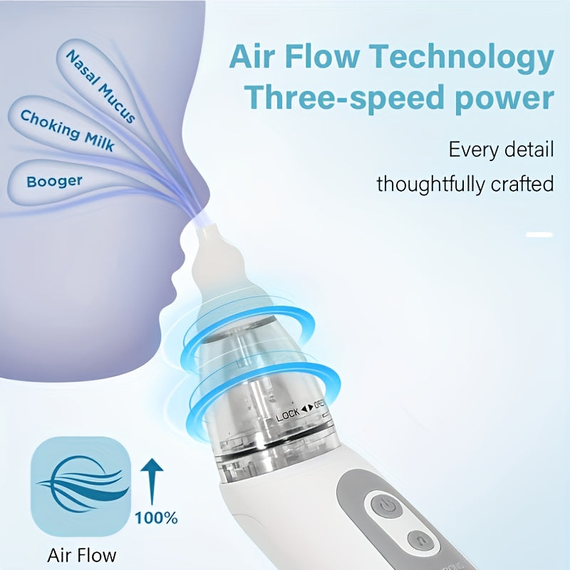 USB rechargeable electric nasal aspirator with adjustable suction levels, music feature, and 3 silicone heads.