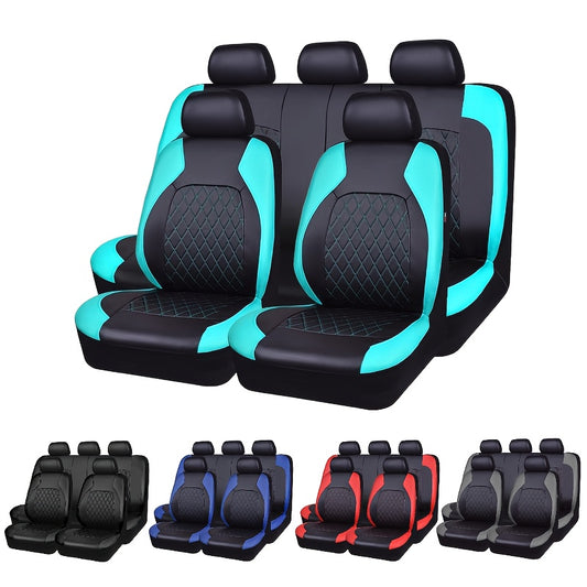 Universal 5-seater car seat cover with PU Leather diamond pattern, including full set of breathable synthetic PU Leather covers. Features airbag compatibility, zipper design, and fits all