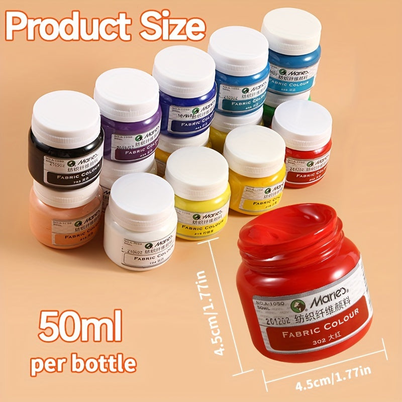 1 bottle of Marie's Fabric Paint, 50ml - 12 colors available for permanent clothes painting. Includes medium brush. Ideal for artists and crafters. Suitable for t-shirts, shoes, jeans