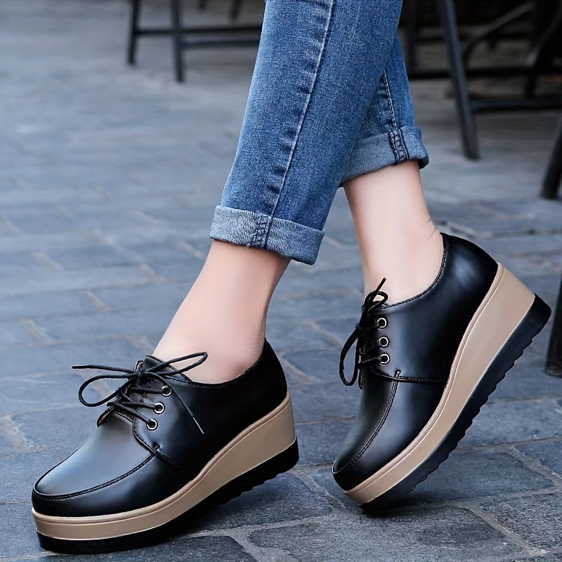 Women's Lace-Up Sneakers - Lightweight, All-Season Faux Leather Shoes with Thick Sole