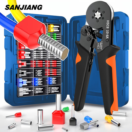 SANJIANG HSC8 10-6A Wire Crimper Tool Set with Carbon Steel Handle, 1200PCS VE Terminal Assortment Kit, Hexagonal Crimping for Cold Press Wire Connectors.