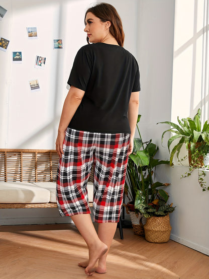 Women's casual clothing set with bowknot and plaid print, featuring a short sleeve round neck top and capri pants for a comfortable relaxed fit.