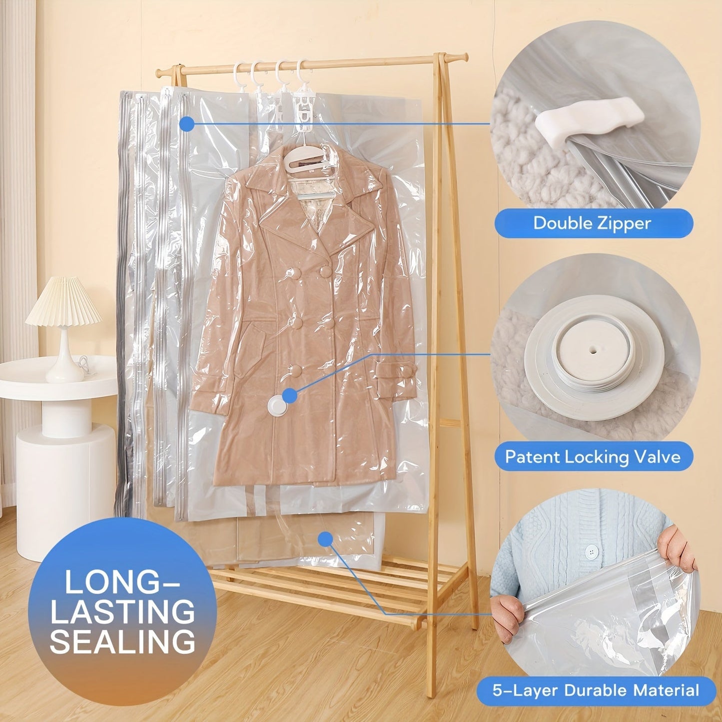 Save space in your wardrobe with this 5-Pack of Hanging Vacuum Storage Bags. These multipurpose rectangle plastic garment bags feature zipper closure and are perfect for storing winter coats, suits, jackets, and down jackets. Keep your clothes organized