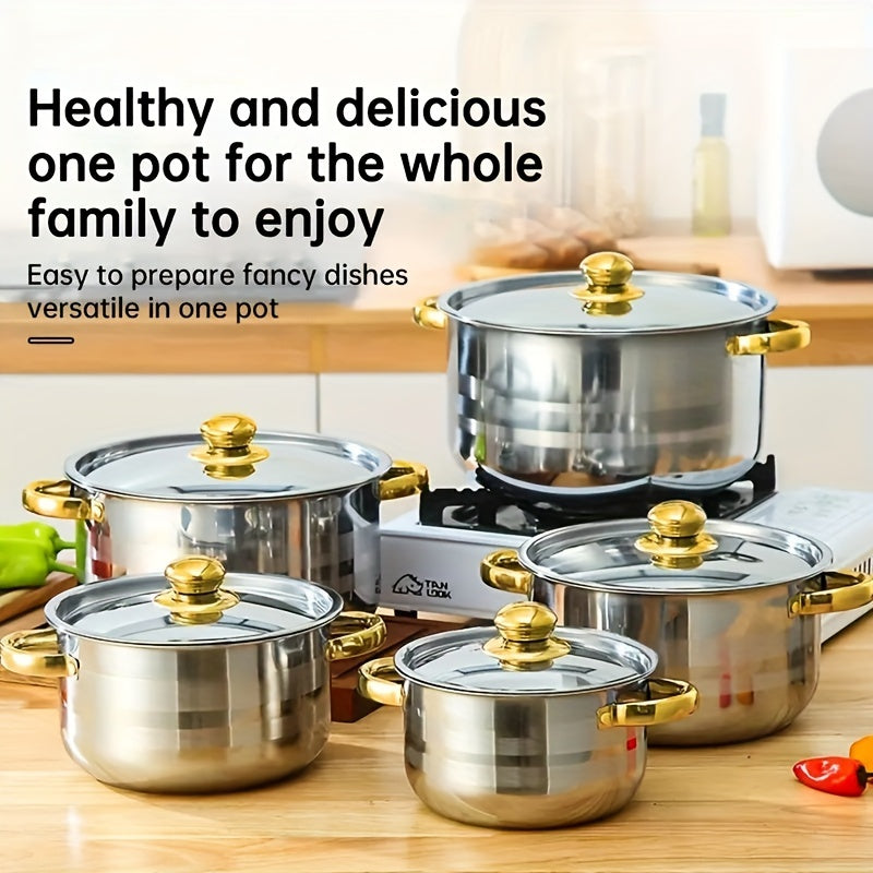 Set of 12 Stainless Steel Cookware Pieces with Glass Lids - Suitable for Gas Stoves, Durable Heat-Resistant Handles for Home & Restaurant Cooking