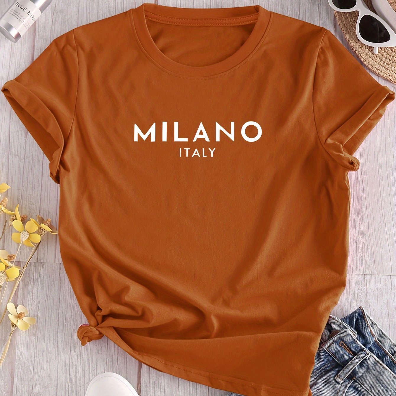 Milano Italy print women's T-shirt with short sleeves, crew neck, knit polyester blend, slight stretch - Spring/Summer/Fall collection.