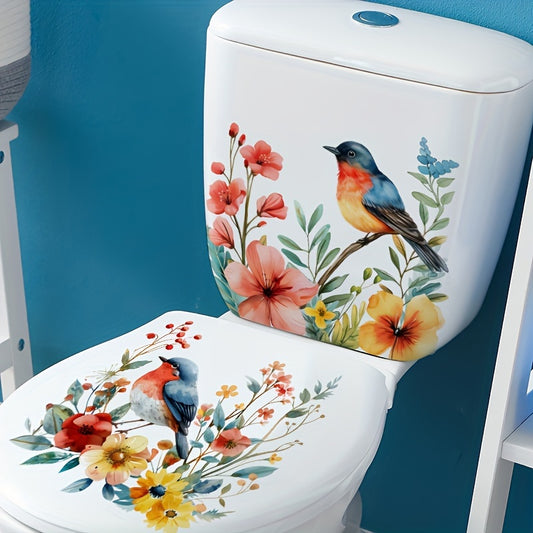 Pair of decorative toilet lid decals with bird and floral designs, featuring crystals. Made of waterproof, self-adhesive polyvinyl chloride for easy removal and application on toilet and ceramic surfaces.