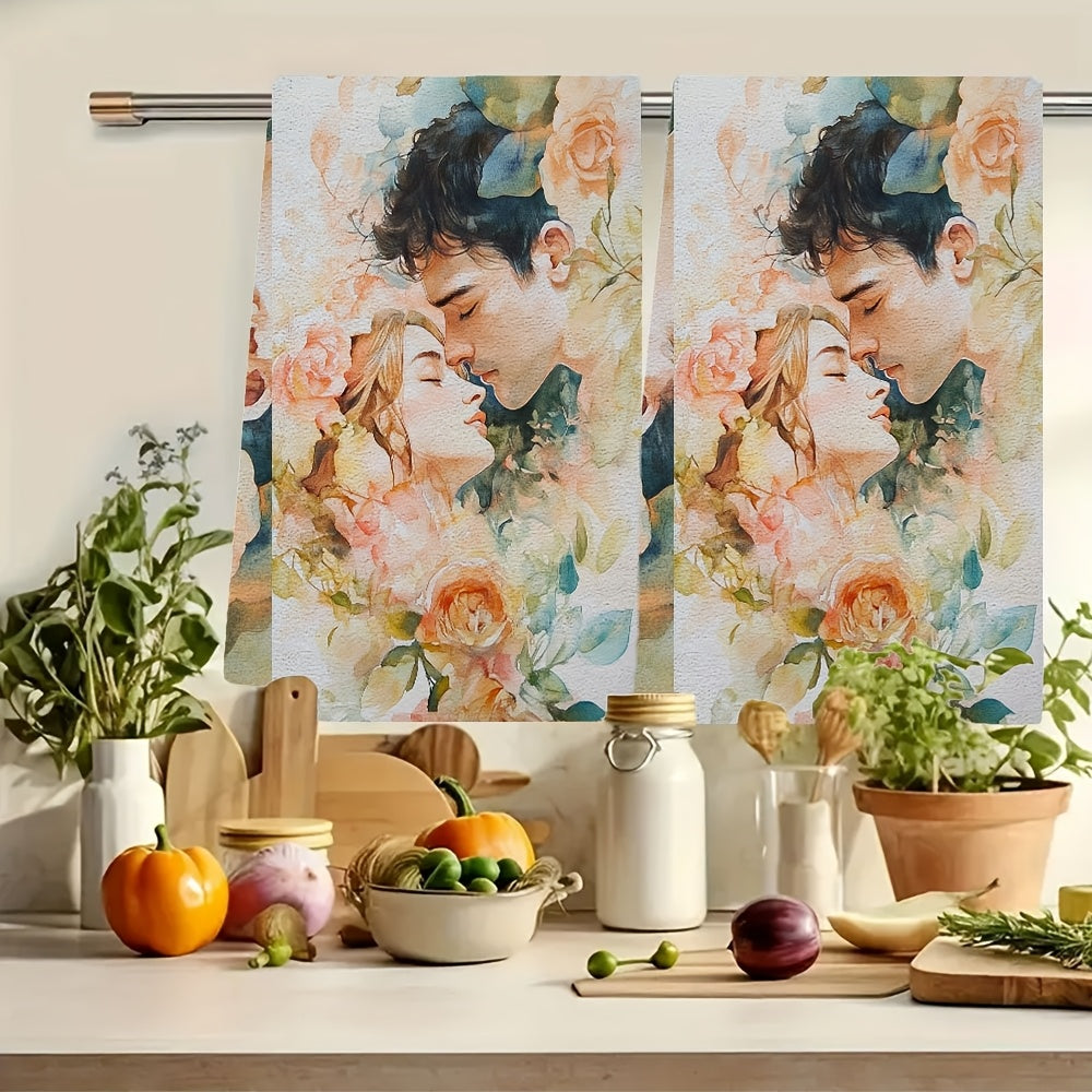 Set of 2 Romantic Floral Kitchen Towels - Made of Ultra Soft, Highly Absorbent Polyester Material, Each Towel Measures 40.64x60.96 cm. Easy to Clean with Machine Washable Feature. Ideal for Holiday Decor and Everyday Kitchen Use.