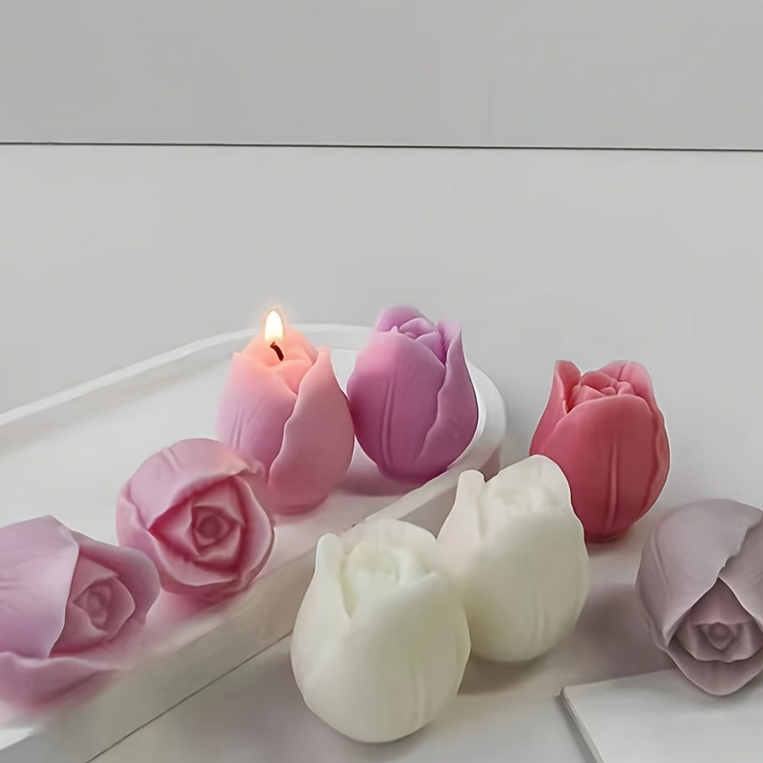 Pink tulip-shaped silicone mold for DIY candle and resin crafts, with flexible, irregular flower design for decorative ornaments.