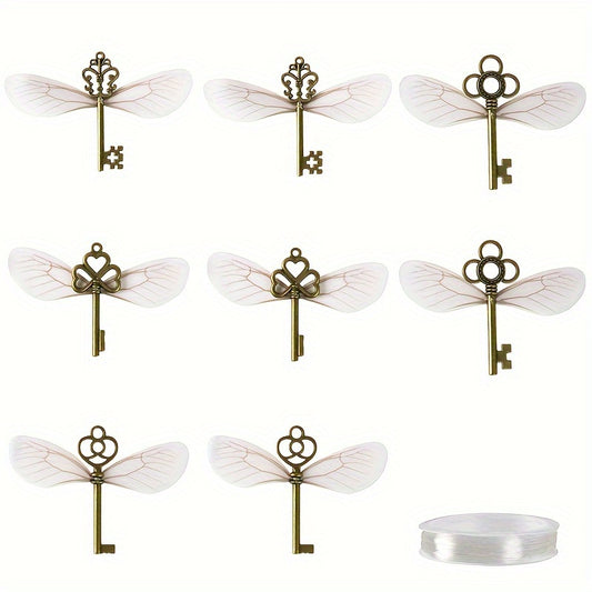 Set of 17 Rustic Vintage Metal Key Pendants with Dragonfly Design for Christmas Tree Ornament or Home Decor, perfect for Wedding and Xmas Party Supplies