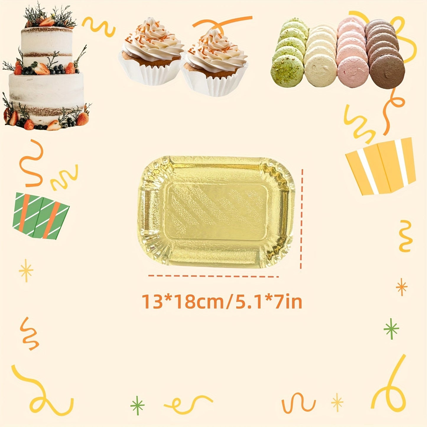 10 elegant golden rectangle cake boards with scalloped edges, designed for heavy duty use. These disposable paper serving trays are greaseproof and perfect for serving desserts and cupcakes. Ideal for birthday parties, weddings, and holiday celebrations.