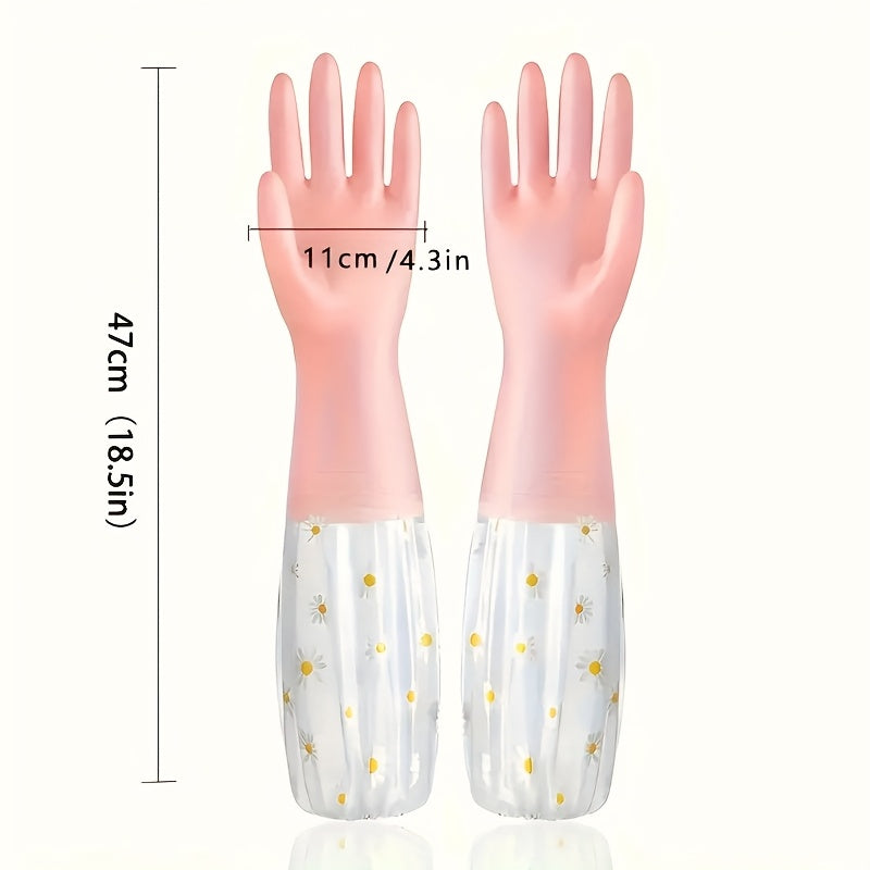 These waterproof cleaning gloves are perfect for household chores. Made of durable PVC material, they are non-slip and water-resistant, making them suitable for use in the kitchen, bathroom, bedroom, living room, and toilet. This pair of long sleeve