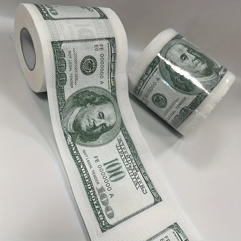 Pack of two-ply paper towels designed to resemble $100 bills, perfect for use as decorative toilet paper at parties.