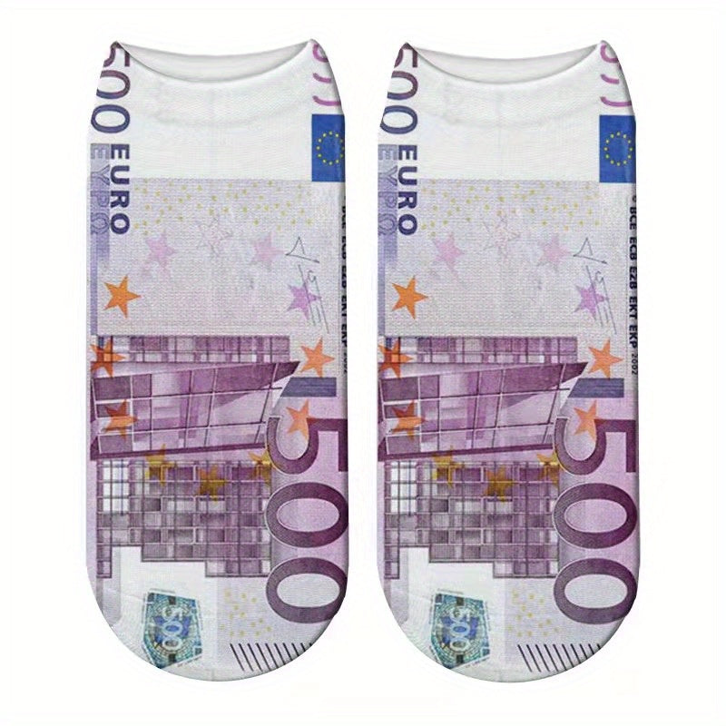 Men's novelty socks featuring various currency designs including US Dollar, Euros, Japanese Yen, and British Pounds.