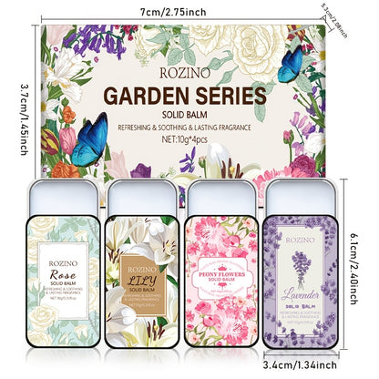 Set of 4 solid perfume balms in Lavender, Lily, Peony, and Rose scents. Refreshing and soothing with lasting fragrance. Increases personal charm. Suitable for business, travel, daily use