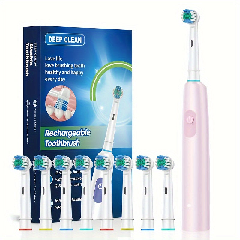 Upgrade your oral care with this adult electric toothbrush set. It includes 8 replacement heads, ultra-soft nylon bristles, and a 600mAh lithium battery with USB charging. It features a