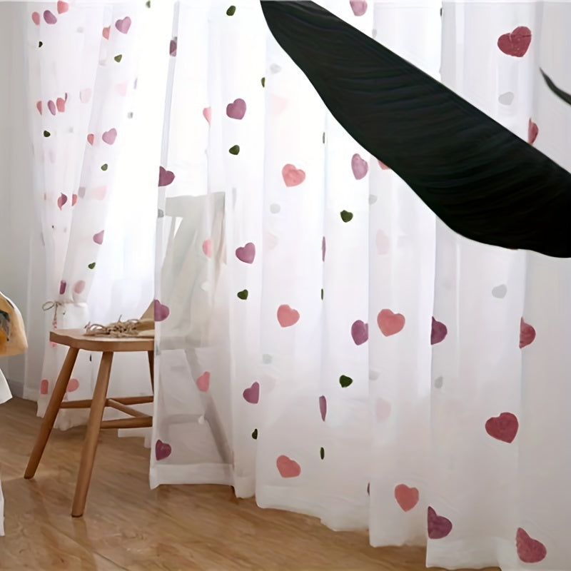 Modern heart pattern sheer curtain panel in pink, grommet top, washable polyester voile for youngsters' room; all-season decorative unlined curtain with eyelet, perfect for a princess-themed kid's bedroom.