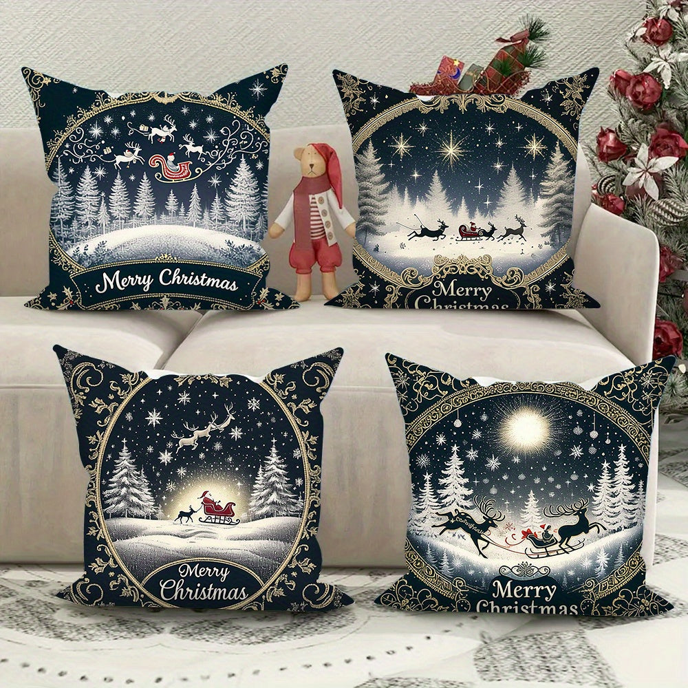 Set of 4 Festive Christmas Throw Pillow Covers featuring Soft Plush Santa & Reindeer Design, Ideal for Decorating Sofas and Cars, Easily Washable in Machine, 45.72x45.72 cm Size, Christmas-themed Pillow Covers