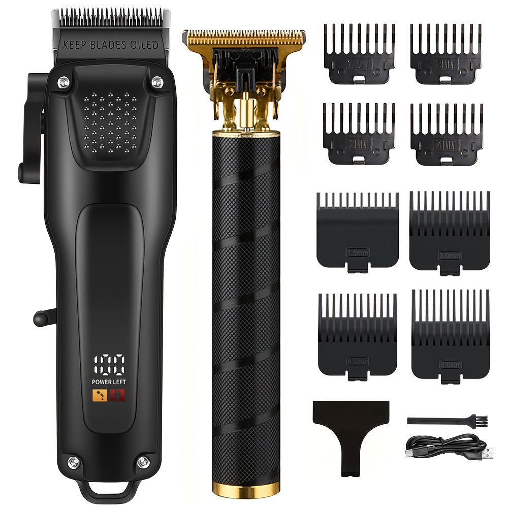 Sleek Shaver Cordless Hair Clipper Set for Men - Premium Black design with Digital Display, USB Rechargeable, 2100mAh Lithium Battery. Includes Multiple Comb Attachments, Cleaning Brush.