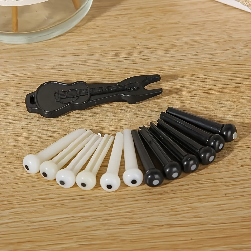 13 piece Guitar Bridge Pins Set with Guitar Pins Puller and ABS Bass Pins, ideal for string maintenance and replacement parts.