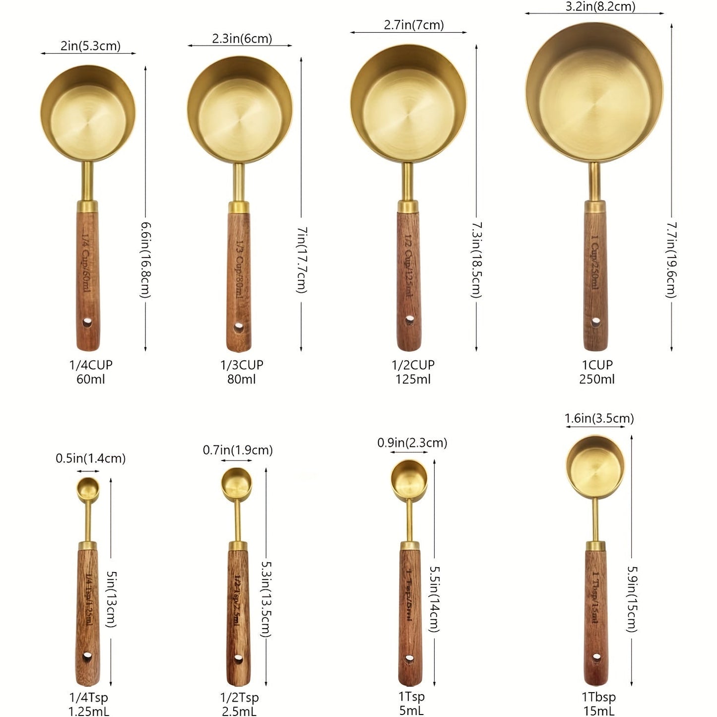 Set of 8 Golden Stainless Steel Measuring Cups and Spoons with Wooden Handles - Ideal for Cooking, Baking, and Kitchen Needs