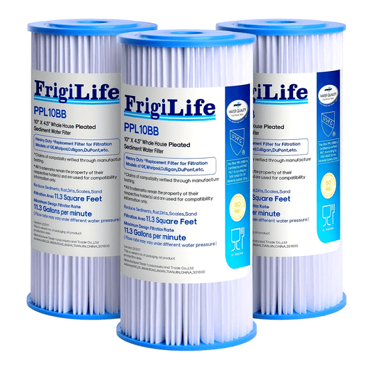 Get clean and fresh water with the FrigiLife FXHSC 5 Micron Whole House Pleated Sediment Filter. This filter is 25.4cm x 11.43cm in size and is perfect for well water. It is compatible with GE FXHSC, DuPont WFHDC3001, Culligan R50-BBSA, R50-BB, GXWH40L