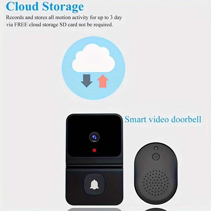 Smart WiFi doorbell with built-in battery featuring 2-way audio, night vision, USB rechargeable, low power consumption, and sleek black design. Supports 2.4G WiFi for easy home surveillance