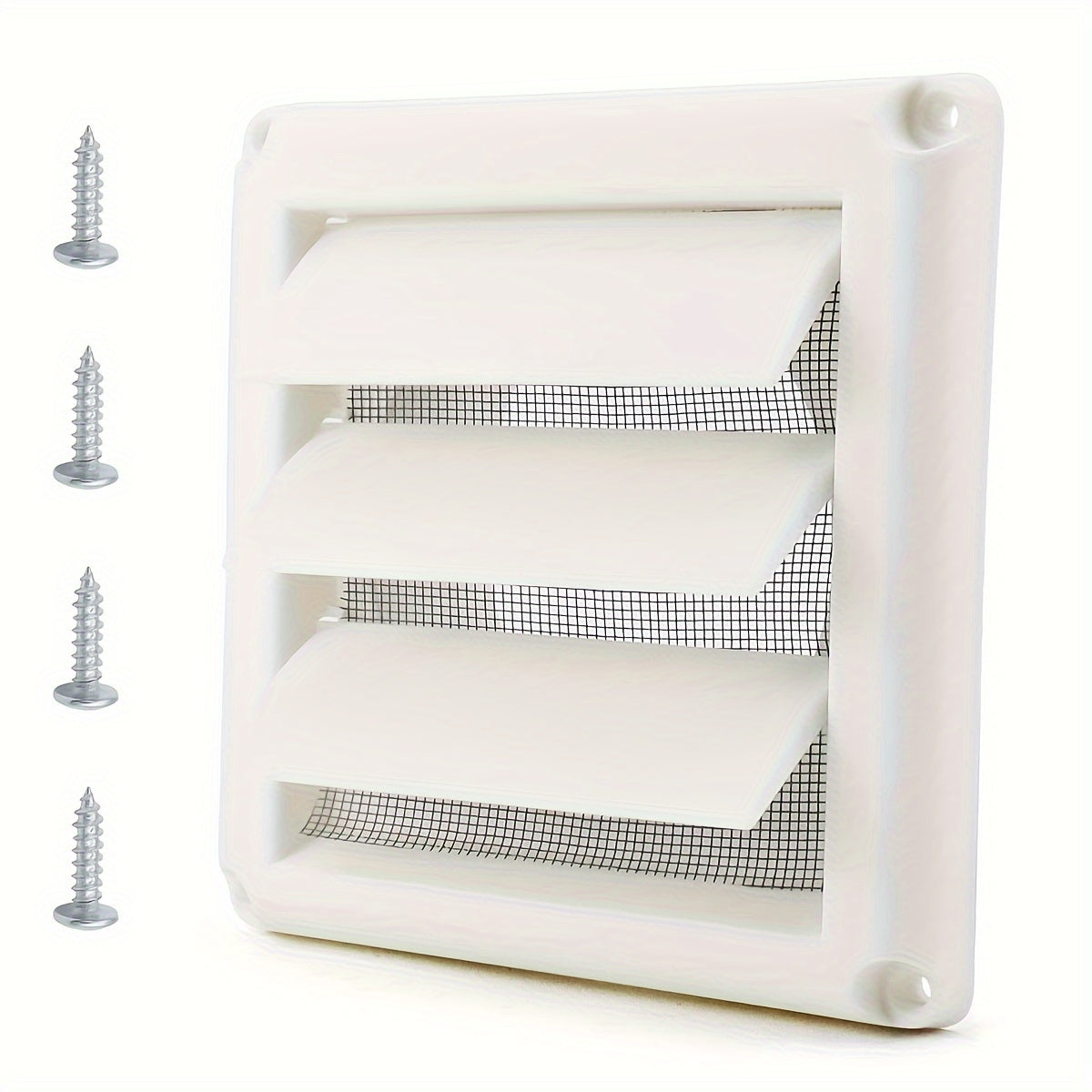 White dryer vent cover with screen for exterior wall vent hood outlet airflow, 10.16cm x 15.24cm in size. Includes 4 screws for easy installation.