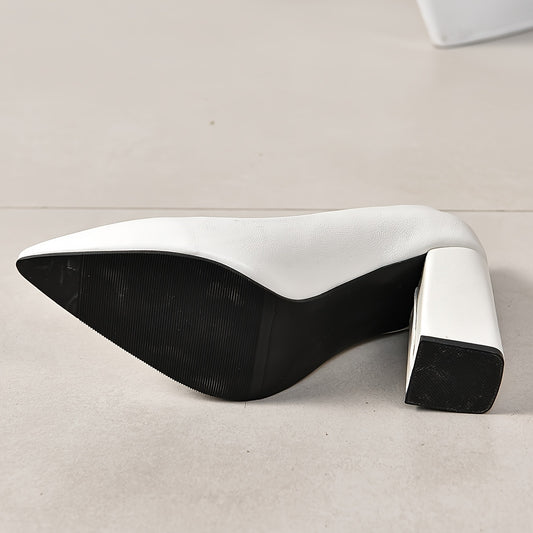 White block high heels for women, pointed toe slip-on court pumps for office work.