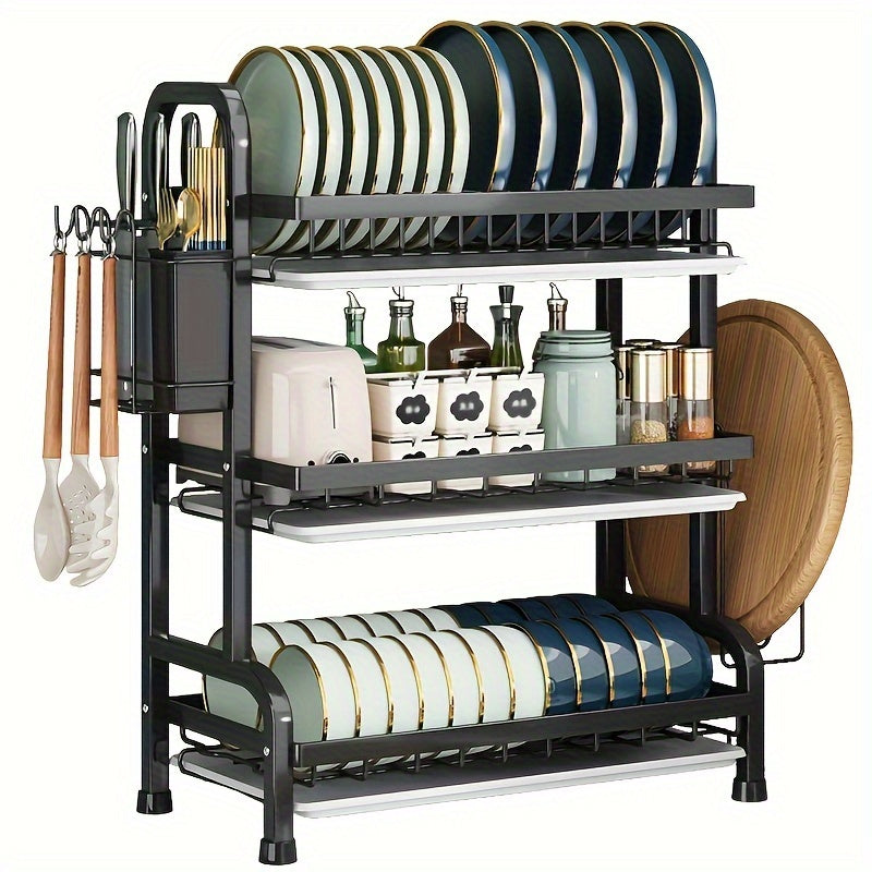 3-Tier Black Dish Drying Rack with Drainboards, Utensil & Cutting Board Holders - Space-Saving Kitchen Counter Organizer.