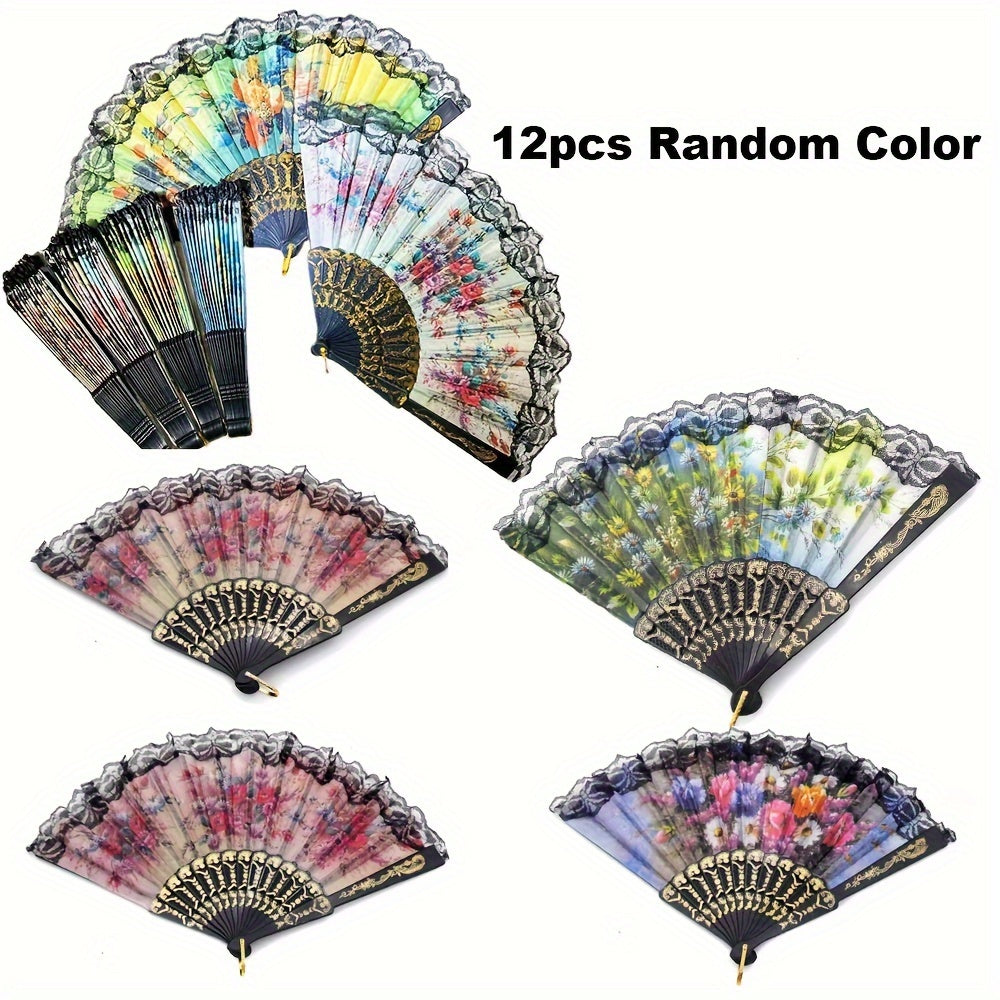 Set of 12 Black Lace-Trimmed Hand Fans, Retro Floral Folding Fans, Chinese-Inspired Folding Fans for Women, Dance Shows, and Photo Shoots