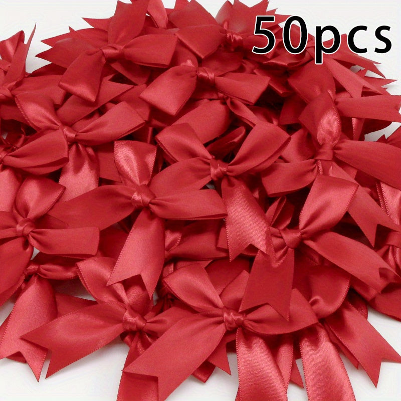 50 pieces of small pink and white satin ribbon bows measuring 8.38cm x 8.38cm for DIY crafting, gift tying, wedding decorations, and baking.