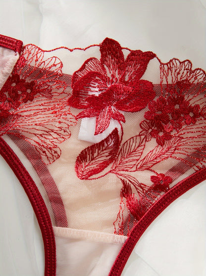 Sheer floral lace lingerie set with unlined bra and mesh thong, women's sexy underwear.