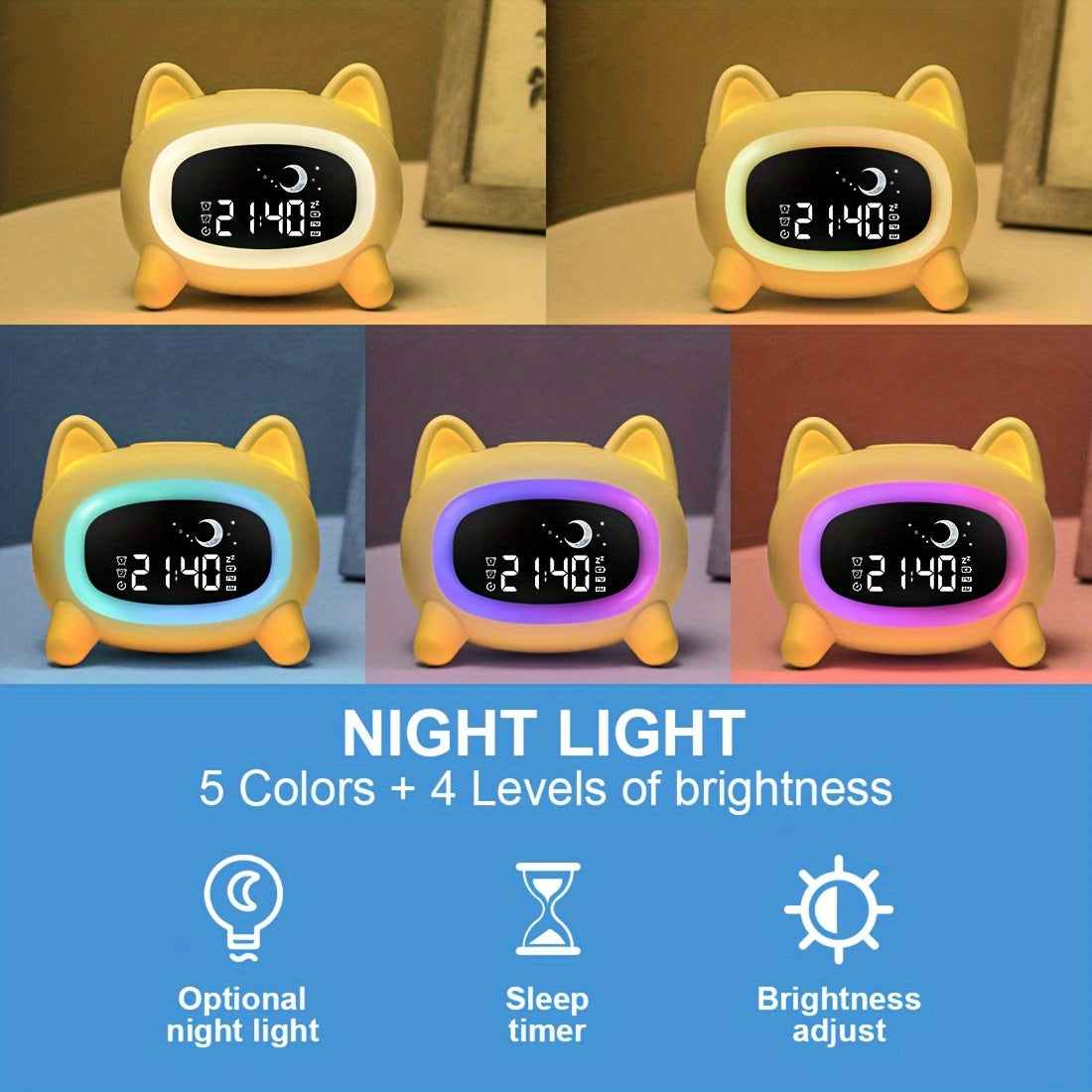 Yellow cartoon animal alarm clock for ages 3-8 with round shape and white finish. USB rechargeable with 1800mAh lithium battery. Includes ok to wake feature, multicolor night light, and white noise sleep melodies.