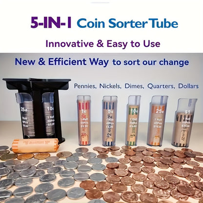 1/2pcs, 5-in-1 Coin Sorter - Manual counter with separate compartments for pennies, nickels, dimes, and dollars. Durable plastic with covered design and coin pouch for home organization.