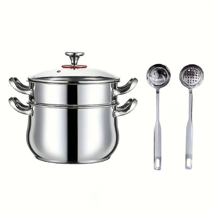 This 5-piece set of Stainless Steel Soup Pots comes with double handles and includes 2 pots, 1 lid, and 2 spoons. It is compatible with both induction cookers and gas stoves, making it perfect for preparing soup, hot pot, noodles, and seafood soup.