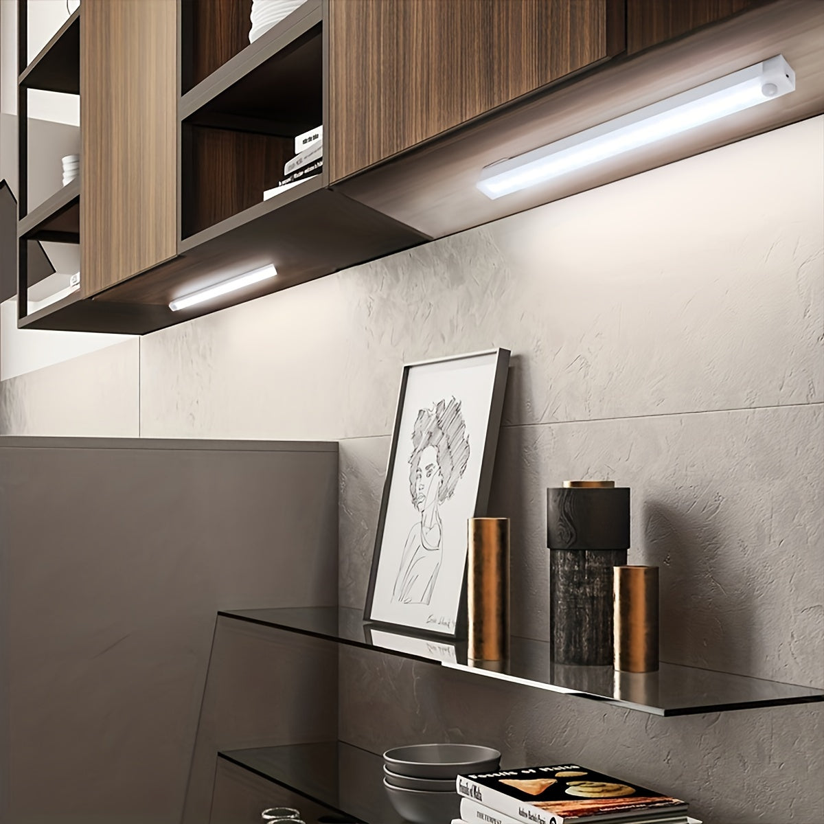 Rechargeable magnetic LED strip with motion sensor for closets, cabinets, and kitchens.