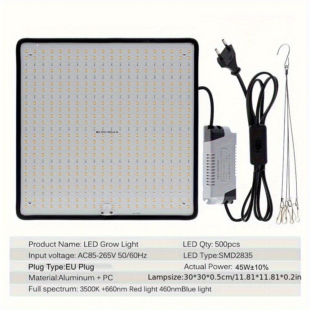 Energy-efficient 45W LED grow lights for indoor plants, ideal for greenhouse hydroponics. Low noise, heat dissipation, durable LEDs with integrated design. EU plug for greenhouse lighting.