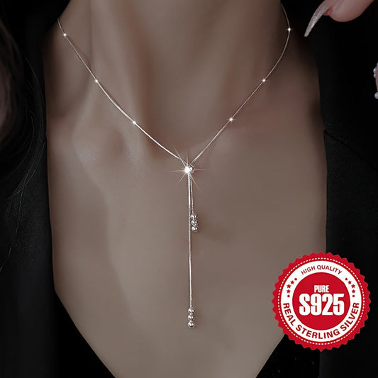 Adjustable telescopic necklace made of 925 silver, designed for women's fashion with a retro and simple style. The Y-shaped positioning pull-out necklace is hypoallergenic and weighs 3.3g, suitable for daily wear or as a holiday gift for Christmas.