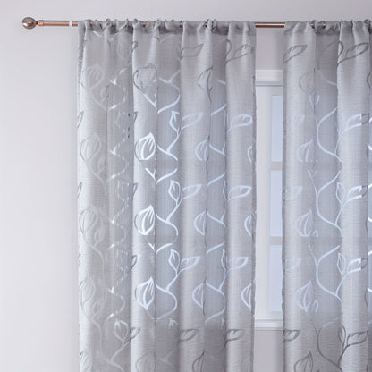 Elegant and contemporary gray floral sheer curtain with a rod pocket design, perfect for enhancing the decor of your living room, bedroom, or home.