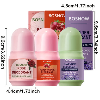 Set of 3 deodorants with Rose, Pomegranate, and Lavender. Made with plant ingredients for deep moisturizing and gentle care. Natural, lasting fragrance to say goodbye to odor. Experience a